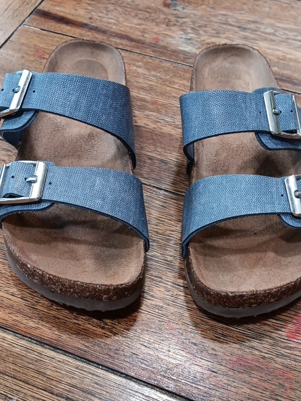 Girls Double Strap Blue Denim Slide Sandals Cork Bottoms